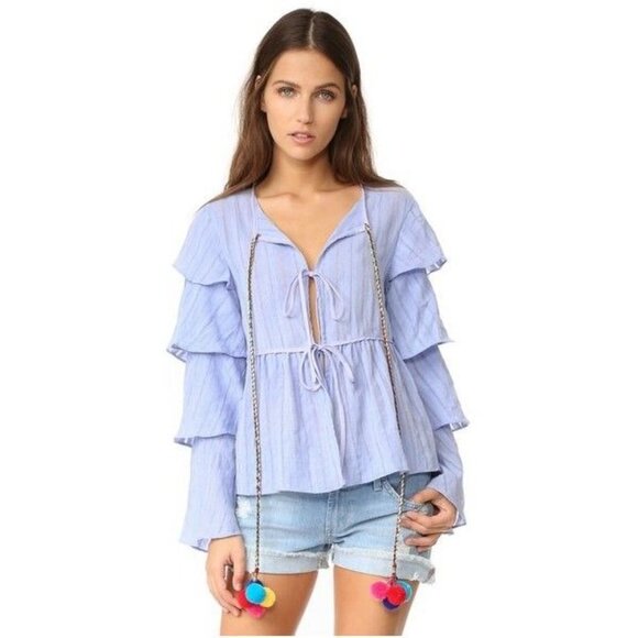 English Factory Blue Layered Cotton Tie Front Pom Pom Blouse S - Picture 3 of 8